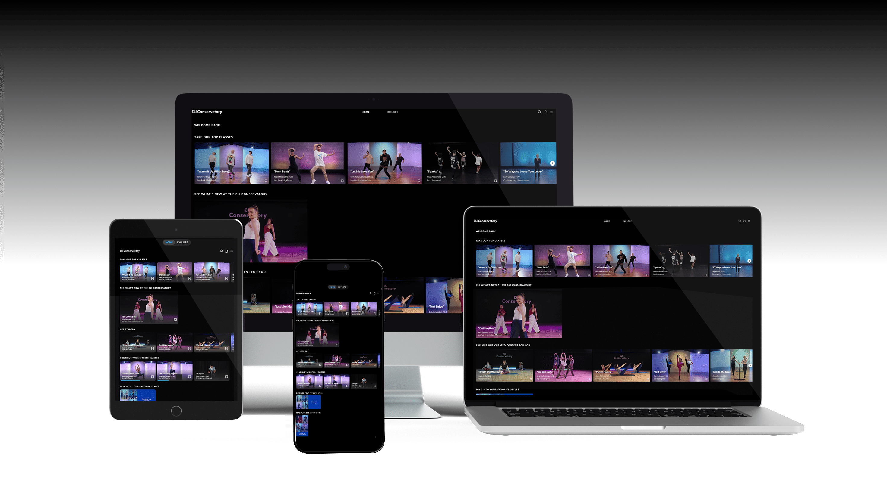CLI Conservatory Online app on a TV, laptop, tablet, and phone