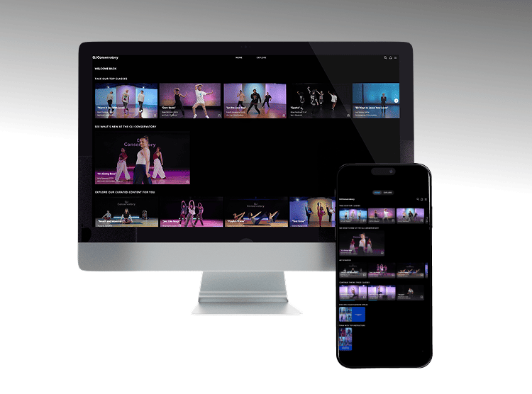 CLI Conservatory Online app on a TV, laptop, tablet, and phone